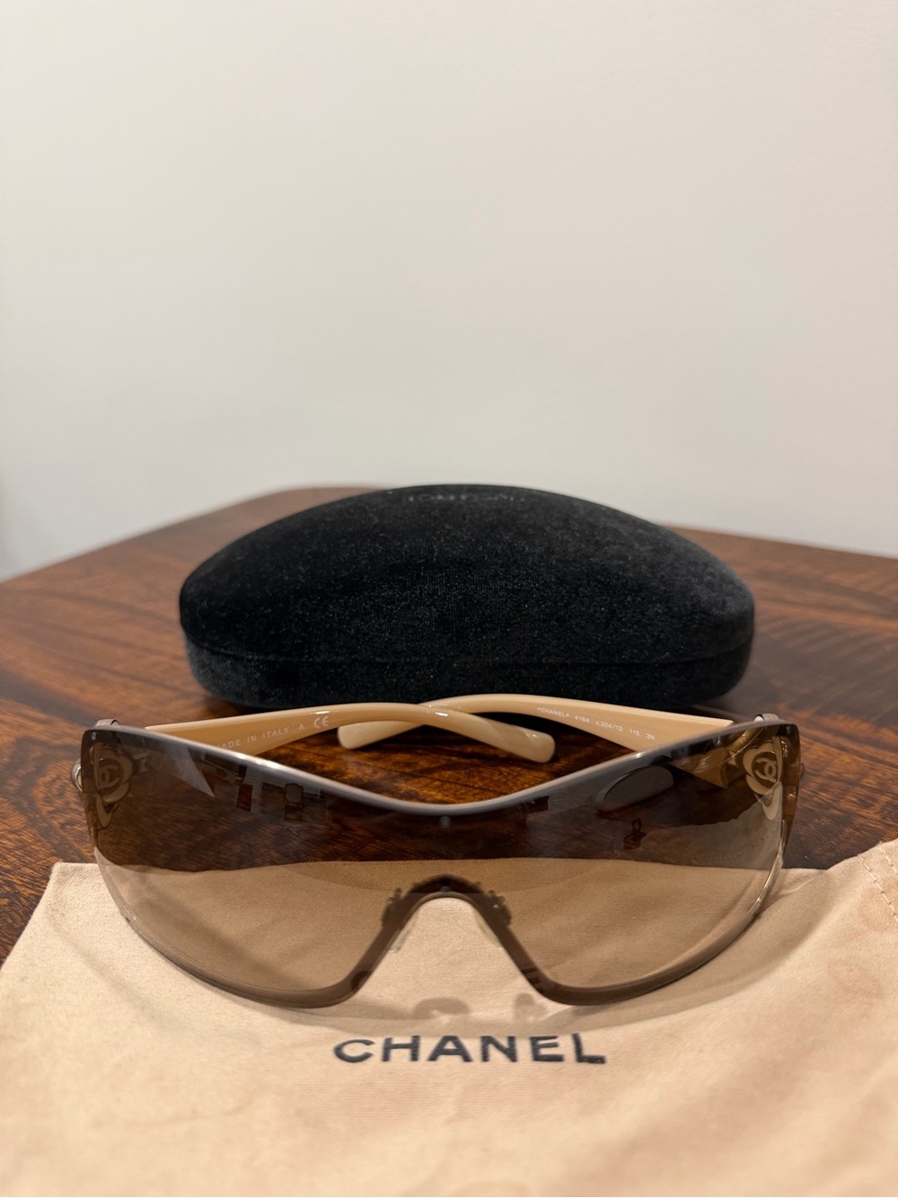 CHANEL Brown Shield Sunglasses with Beige Arms